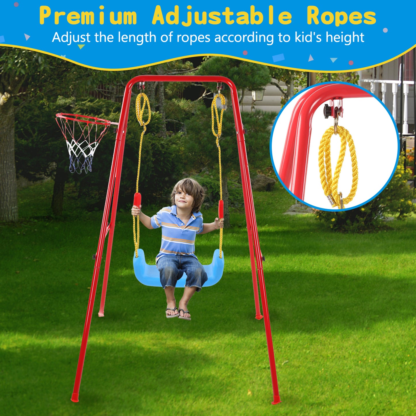Swing Sets for Kids, Heavy Duty Metal Swing Sets with Basketball Hoop, Outdoor Kids Playsets for Playground, Outdoor Kids Swing Sets with Ground Stakes, Outside Toys for Kids Girls Boys Ages 3-10