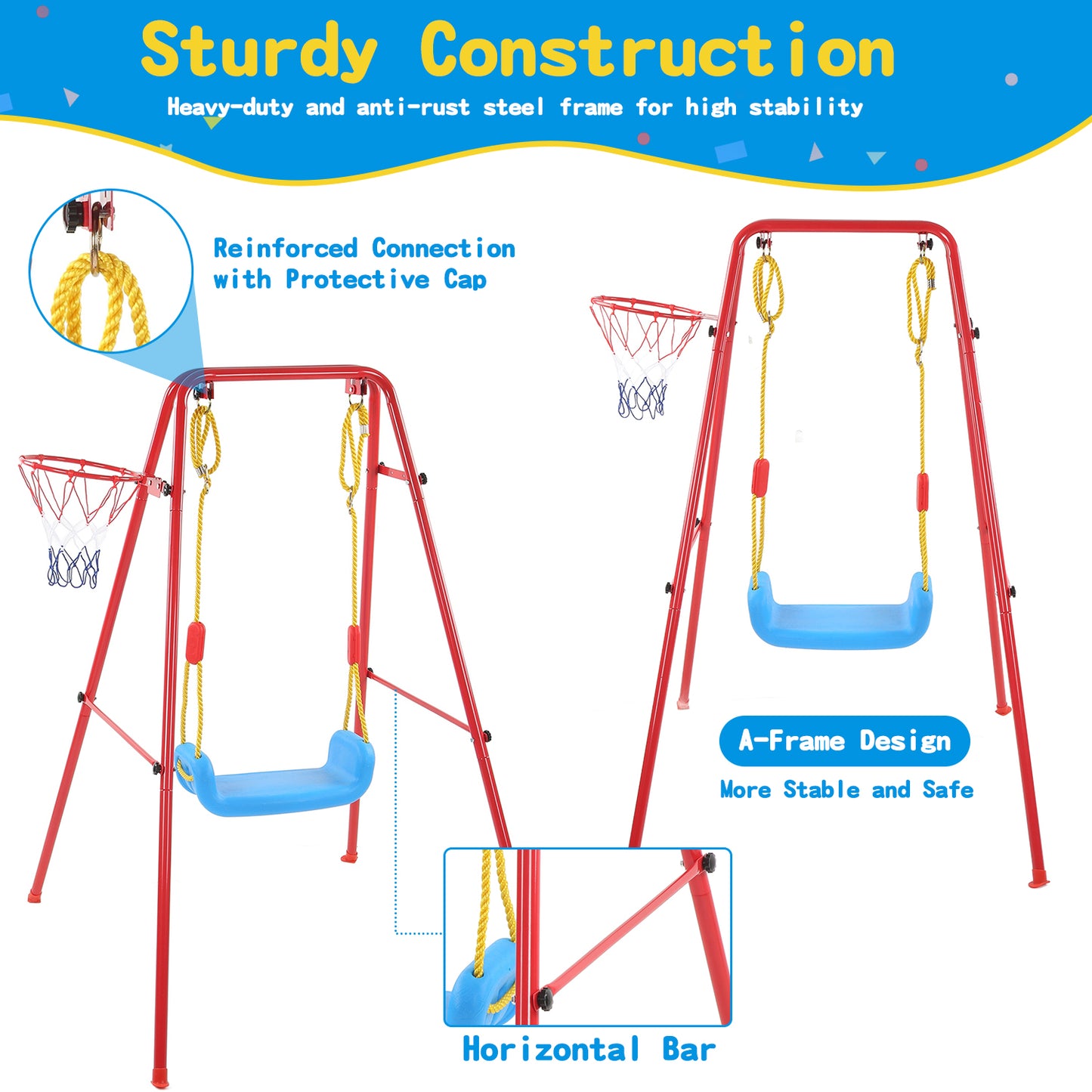 Swing Sets for Kids, Heavy Duty Metal Swing Sets with Basketball Hoop, Outdoor Kids Playsets for Playground, Outdoor Kids Swing Sets with Ground Stakes, Outside Toys for Kids Girls Boys Ages 3-10