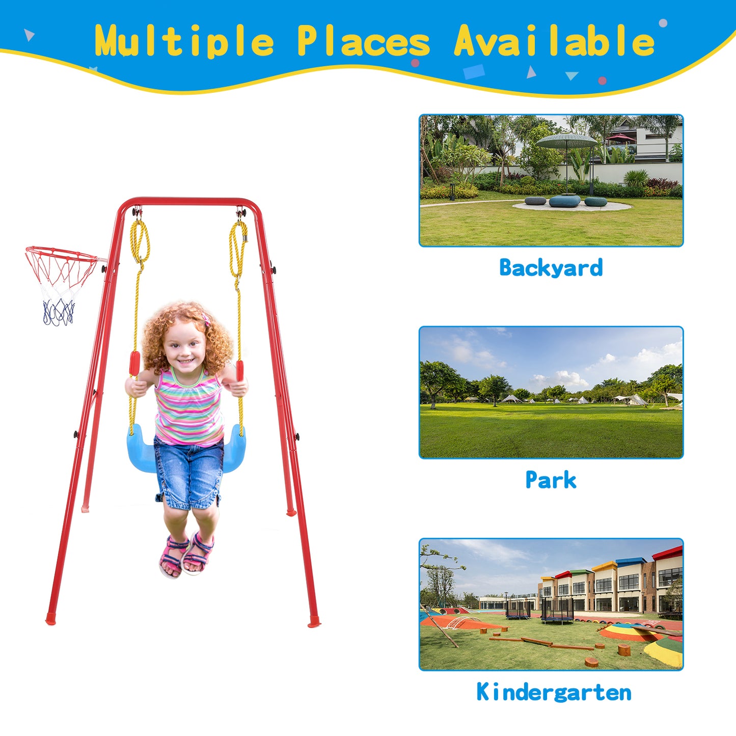Swing Sets for Kids, Heavy Duty Metal Swing Sets with Basketball Hoop, Outdoor Kids Playsets for Playground, Outdoor Kids Swing Sets with Ground Stakes, Outside Toys for Kids Girls Boys Ages 3-10