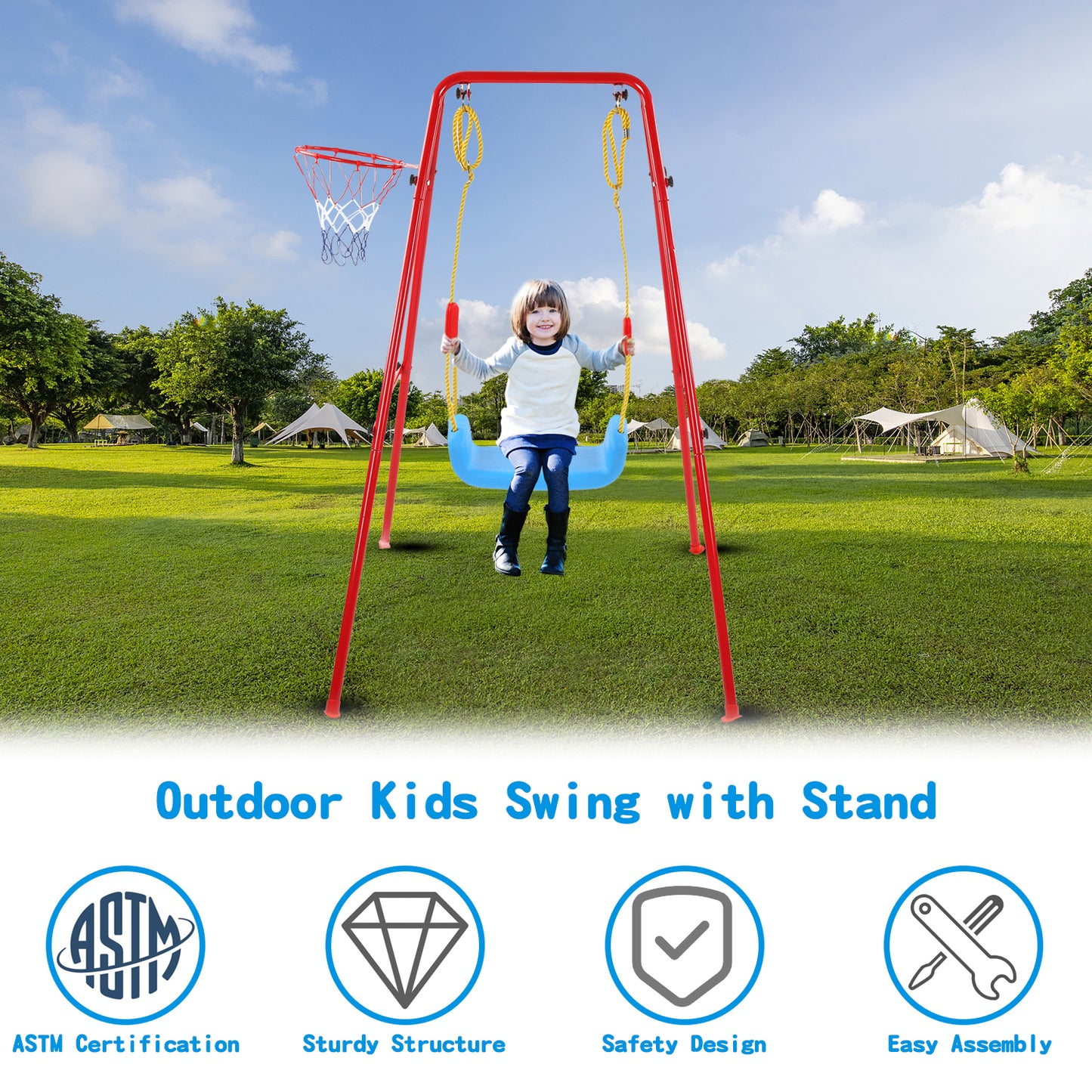 Swing Sets for Kids, Heavy Duty Metal Swing Sets with Basketball Hoop, Outdoor Kids Playsets for Playground, Outdoor Kids Swing Sets with Ground Stakes, Outside Toys for Kids Girls Boys Ages 3-10