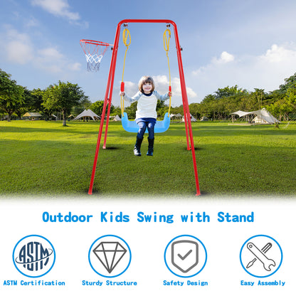 Swing Sets for Kids, Heavy Duty Metal Swing Sets with Basketball Hoop, Outdoor Kids Playsets for Playground, Outdoor Kids Swing Sets with Ground Stakes, Outside Toys for Kids Girls Boys Ages 3-10