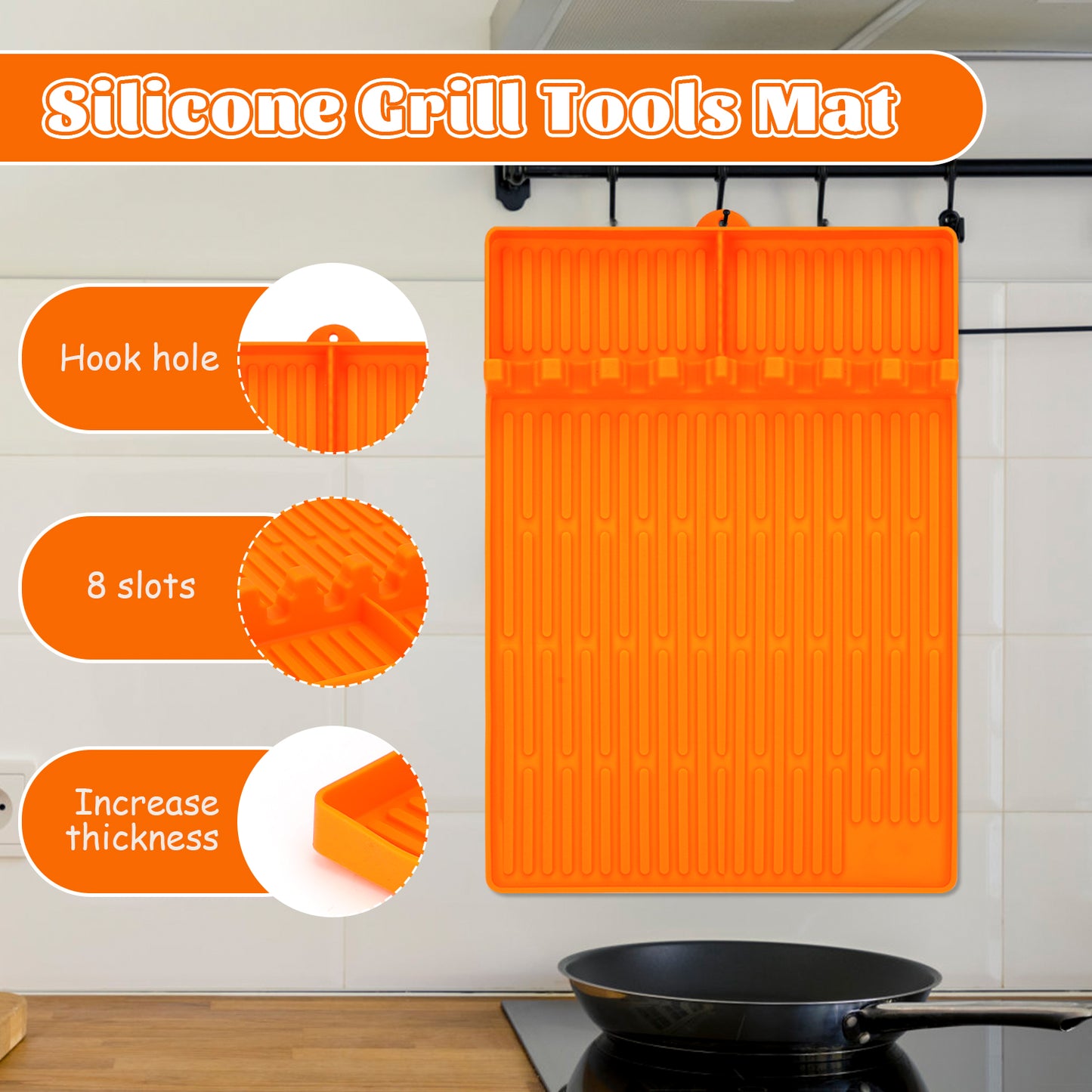 2Pack 3 in 1 Grill Side Shelf Mat, Food Grade Silicone Grill Side Shelf Mat for Blackstone, Collapsible Spatula Mat, Large Utensil Rest for Multiple BBQ Grilling Tools, Reusable 11.4"x15.7", Orange
