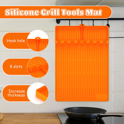 2Pack 3 in 1 Grill Side Shelf Mat, Food Grade Silicone Grill Side Shelf Mat for Blackstone, Collapsible Spatula Mat, Large Utensil Rest for Multiple BBQ Grilling Tools, Reusable 11.4"x15.7", Orange