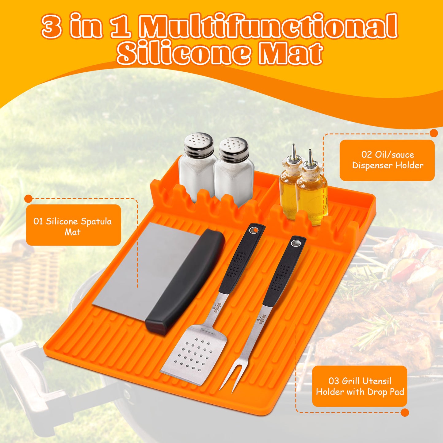 2Pack 3 in 1 Grill Side Shelf Mat, Food Grade Silicone Grill Side Shelf Mat for Blackstone, Collapsible Spatula Mat, Large Utensil Rest for Multiple BBQ Grilling Tools, Reusable 11.4"x15.7", Orange