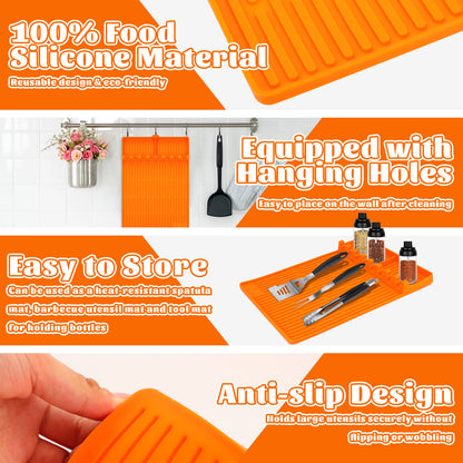 2Pack 3 in 1 Grill Side Shelf Mat, Food Grade Silicone Grill Side Shelf Mat for Blackstone, Collapsible Spatula Mat, Large Utensil Rest for Multiple BBQ Grilling Tools, Reusable 11.4"x15.7", Orange